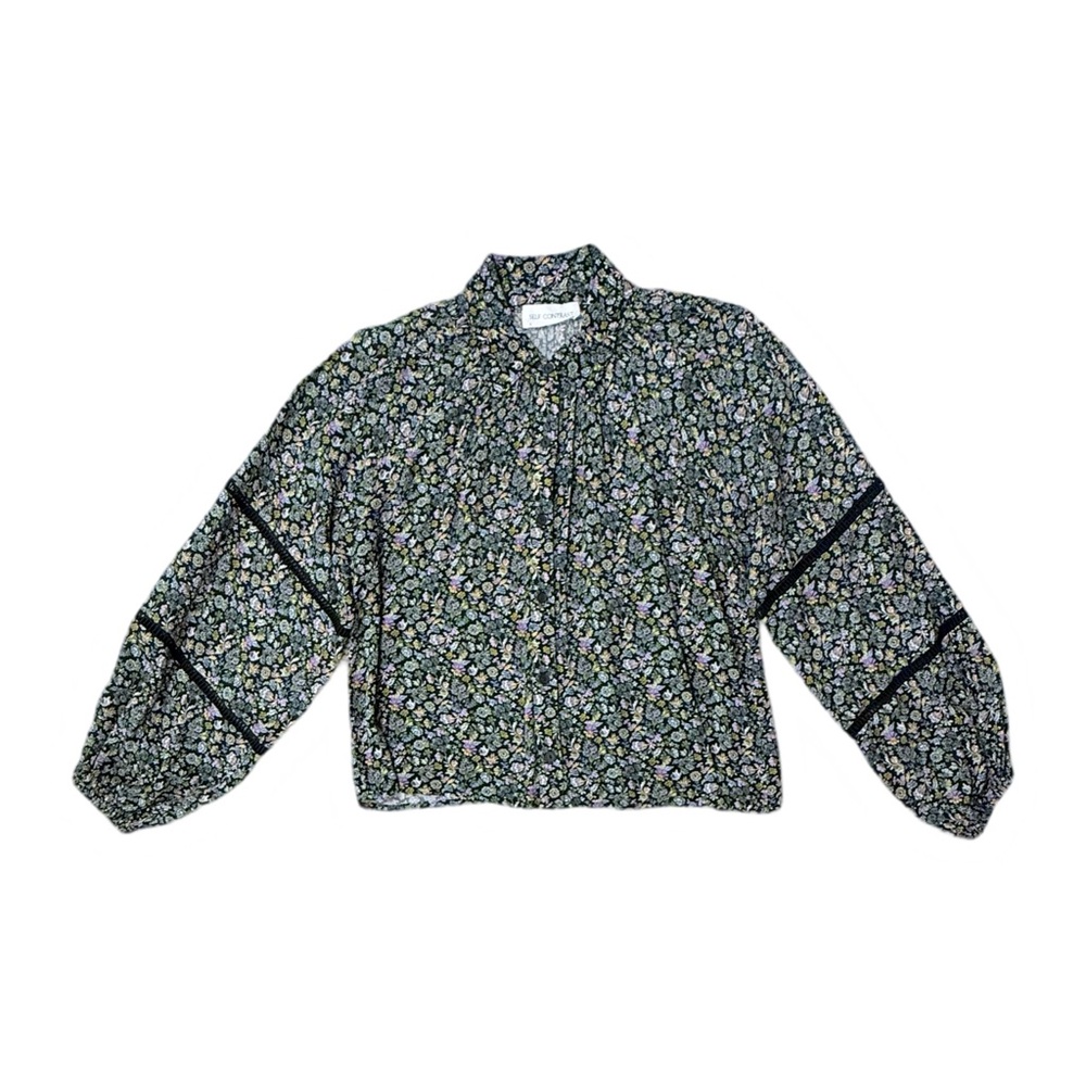 Self Contrast Floral Women's Bohemian Peasant Blouse Embroidered Trim Button Up